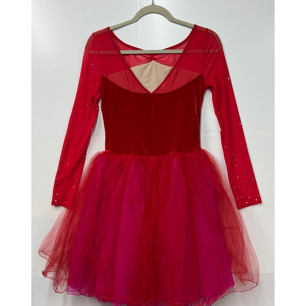 Weissman Red Velvet Rhinestone Mesh Tulle Dance Costume 13142 Womens MA - Picture 2 of 8